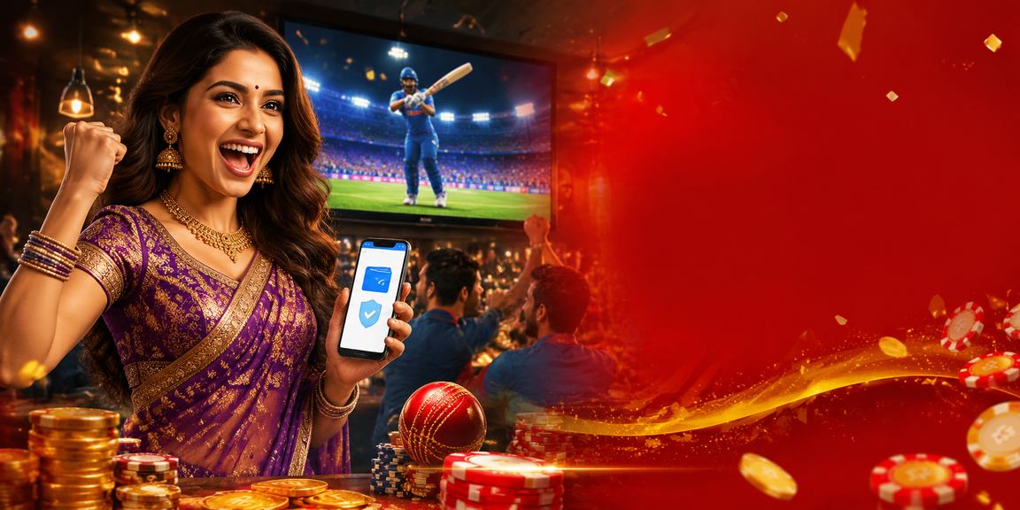 Cricket betting scene with red and gold accents